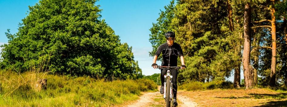 Mountainbiker bossen groene natuur