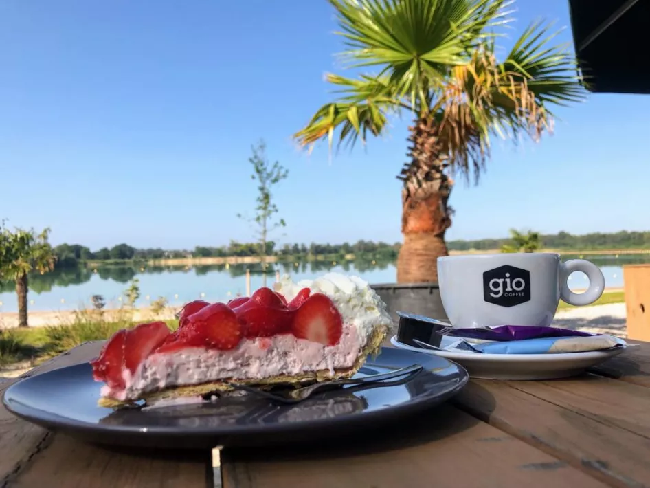 Heerlijk stuk aardbeienvlaai en een kop koffie op het terras van het Blauwe Meertje