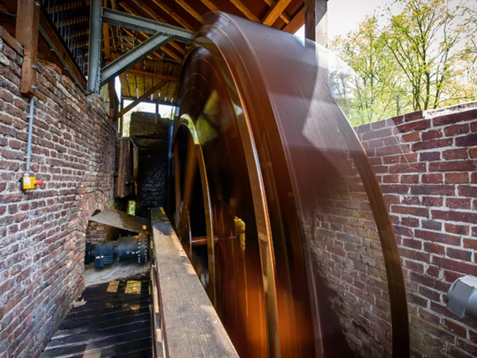 Het draaiende rad van de Elisabeth Molen in natuurgebied het Leudal