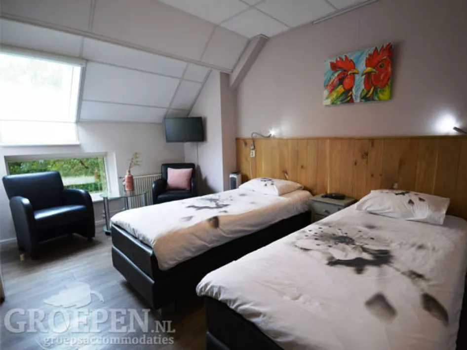 Doppelzimmer mit Holzakzenten, dunkelgrünen Wänden, TV und modernem Mobiliar.