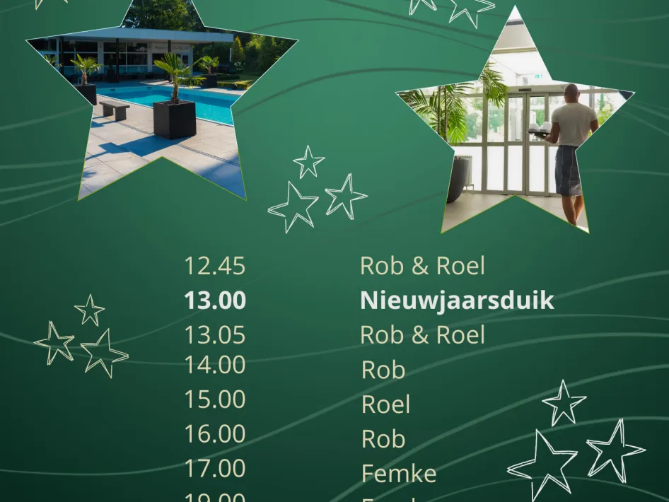 Programma-overzicht van de nieuwjaar opgietdag bij Sauna Dennenmarken op 1 januari 2026 met opgietsessies en nieuwjaarsduik.