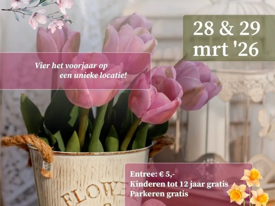 Poster van de Voorjaarsfair Kasteel Daelenbroeck met datum 28 en 29 maart 2026, voorjaarsbloemen en praktische informatie over het evenement in Herkenbosch.