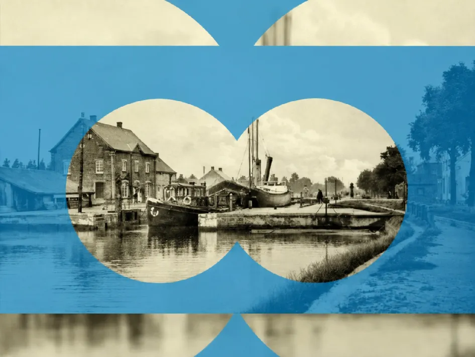 Affiche van de Expo 200 jaar Zuid-Willemsvaart met historische foto’s van het kanaal en informatie over de tentoonstelling in GC de Kroon in Bocholt.