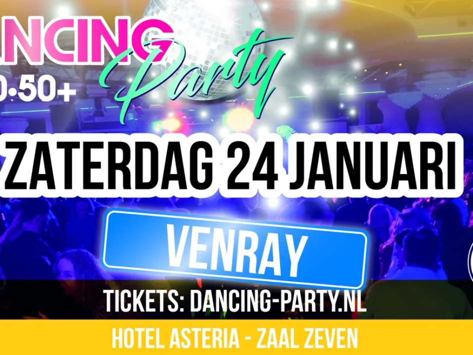 Promotieafbeelding voor de 30+ Dancing Party in Venray op 24 januari 2026, met kleurrijke lichten, publieksfoto en locatie Hotel Asteria.