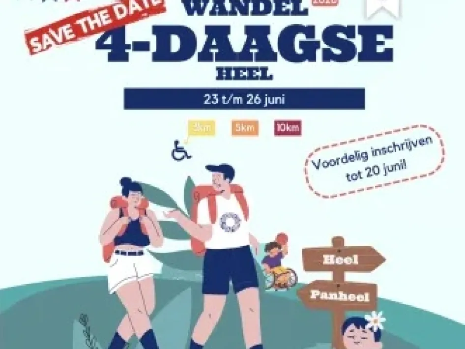 Illustratie van de Wandel 4-daagse in Heel met wandelaars, afstanden van 3, 5 en 10 km en de data 23 t/m 26 juni.