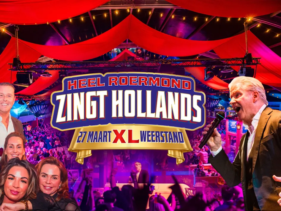 Promotiebeeld van Heel Roermond zingt Hollands 2026 met artiesten, publiek en sfeervolle verlichting in HAL‑L Weerstand. 
