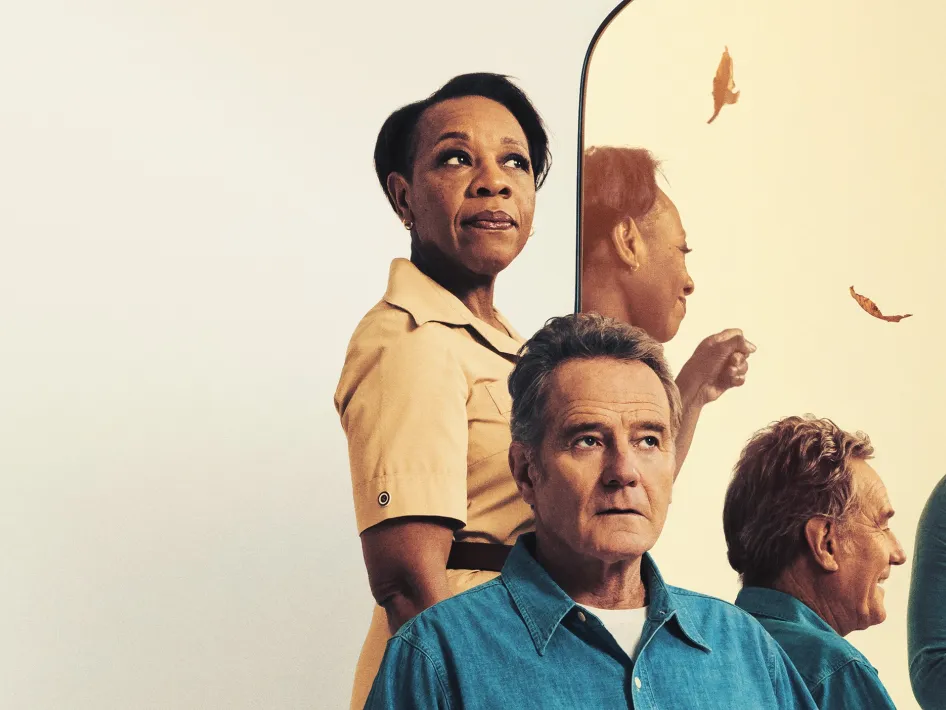 Beeld van All My Sons met acteurs uit de National Theatre Live-productie tegen een lichte achtergrond.