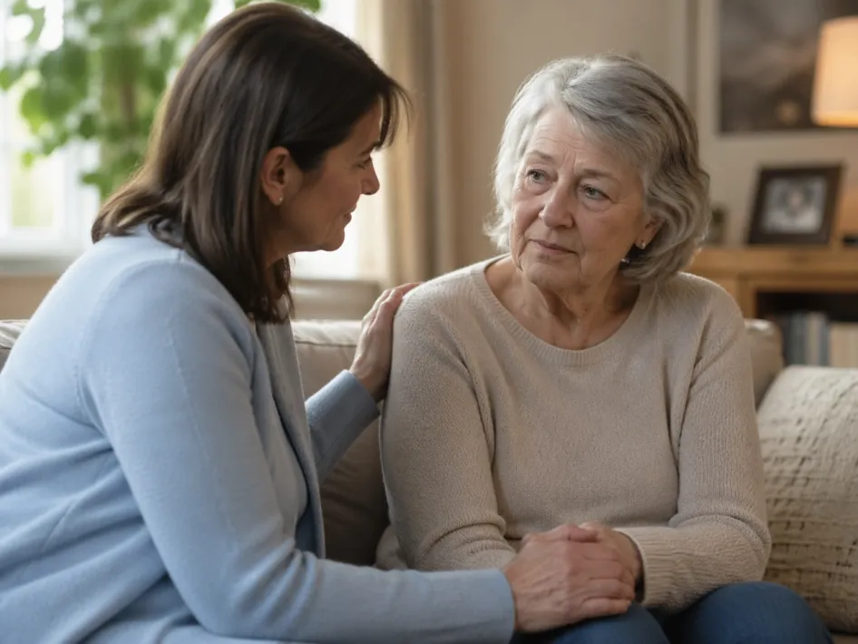 AI-gegenereerde afbeelding van twee vrouwen die elkaar steun bieden in een rustige, huiselijke setting.