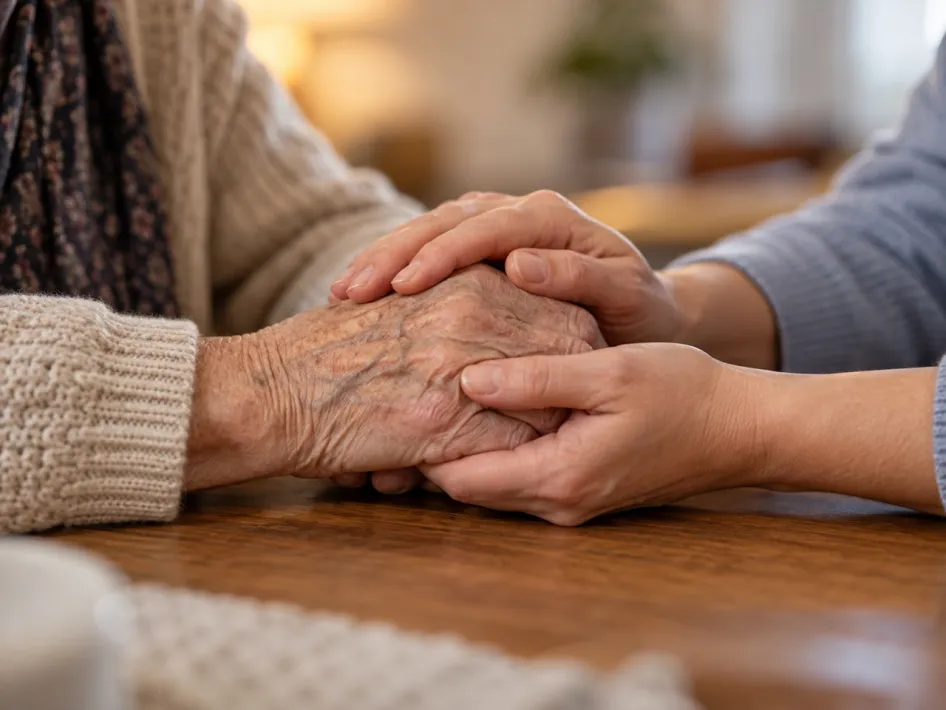 AI-gegenereerde afbeelding van een mantelzorger die op een rustige en steunende manier de handen van een oudere persoon vasthoudt.