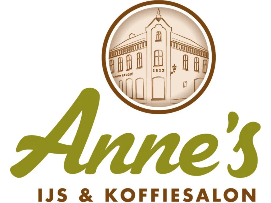 Logo van Anne’s IJs & Koffiesalon met een tekening van het historische pand uit 1912.