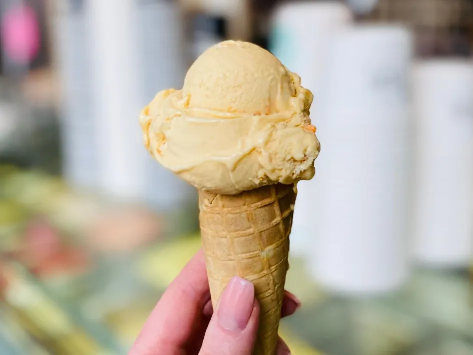 Hand houdt een hoorntje met een bolletje ambachtelijk ijs vast, op de achtergrond is de ijssalon te zien.