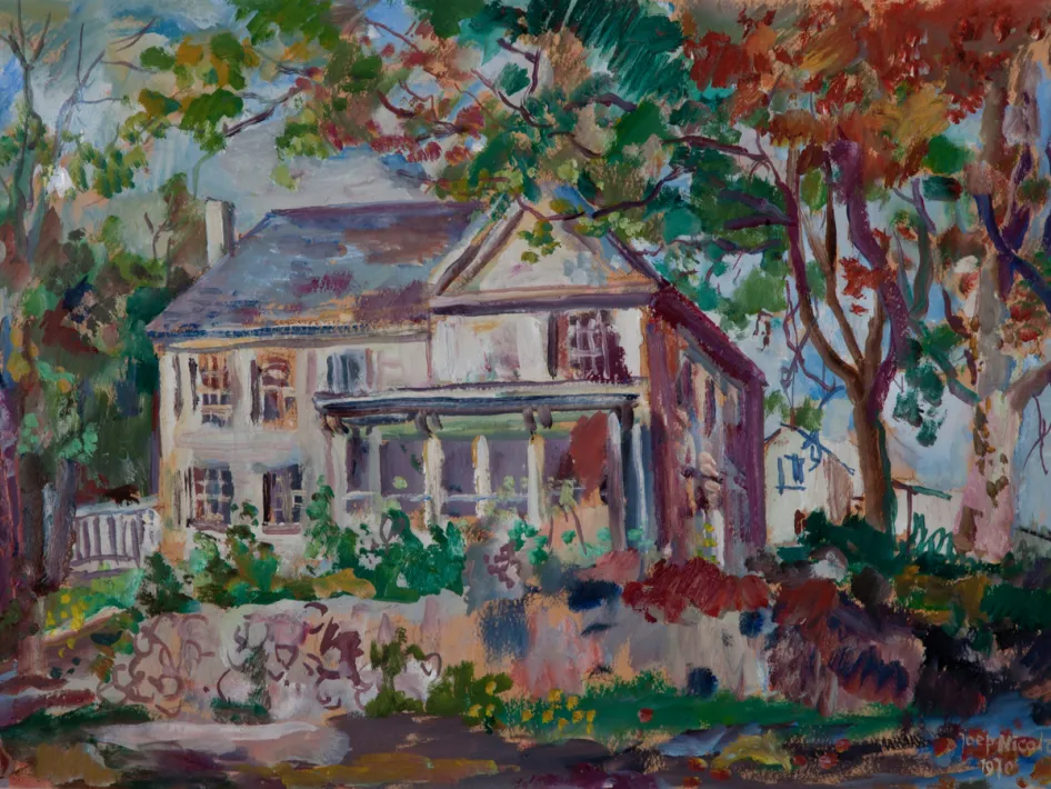 Tentoonstelling Roermondse Meesters op Reis met schilderij van een huis tussen bomen en kleurrijke tuin in impressionistische stijl