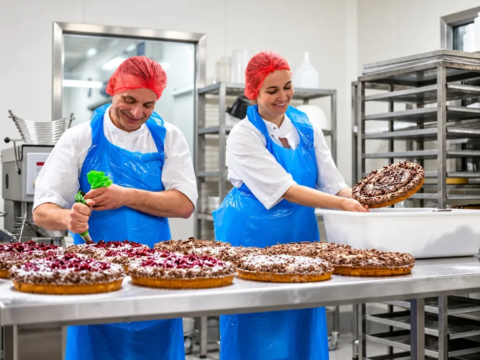 Two bakers from Heerschap Bakery work in the bakery on freshly baked vlaaien.