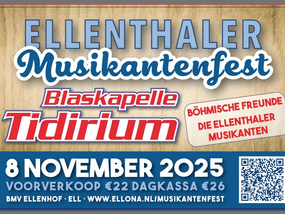 Affiche van het 6e Ellenthaler MusikantenFest op 8 november 2025 in Ell, met namen van deelnemende blaaskapellen zoals Blaskapelle Tidirium, Böhmische Freunde en Die Ellenthaler Musikanten.