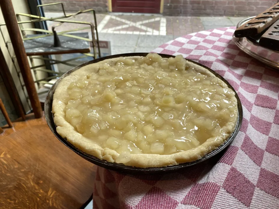 Close-up van een verse appelvlaai op een rood-wit geblokt tafelkleed bij Beleefbakkerij Gerards-Steeghs.