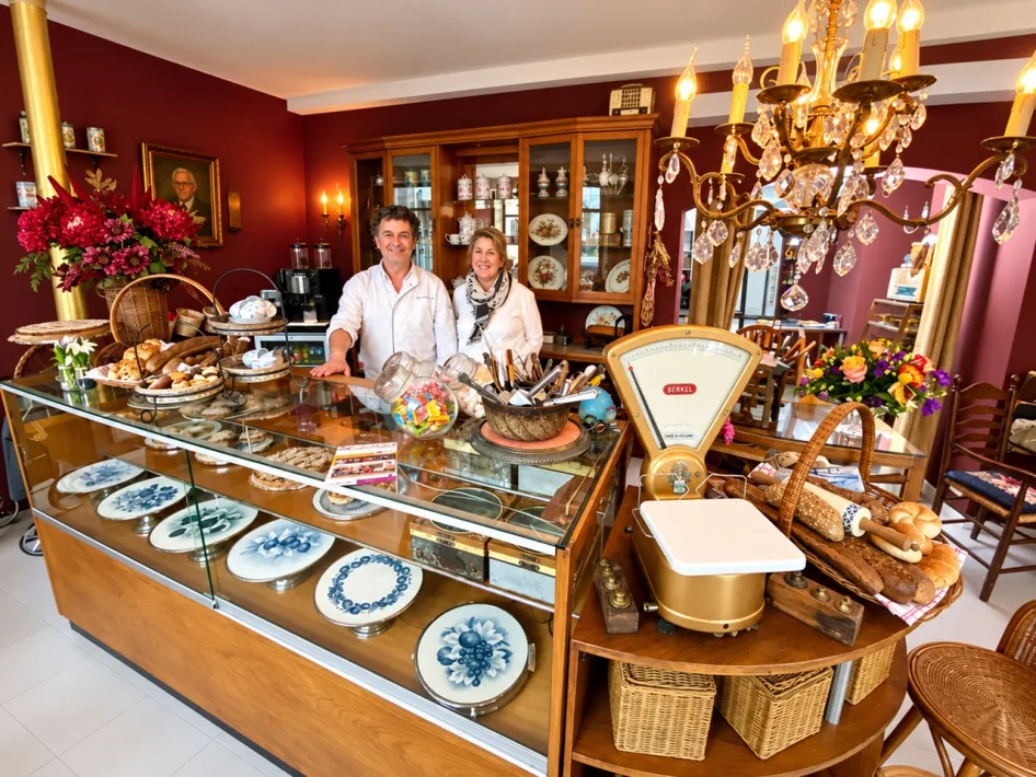 Bäcker Ard Gerards und seine Frau May hinter der Theke der Erlebnisbäckerei Gerards-Steeghs, umgeben von alten Bäckerutensilien.