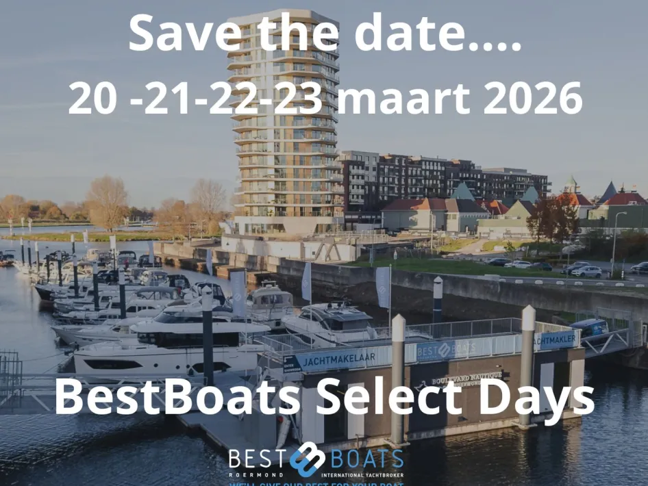 Save the Date voor BestBoats Select Days op 20, 21, 22 en 23 maart 2026 bij de jachthaven met uitzicht op moderne woontoren en boten aan het water.