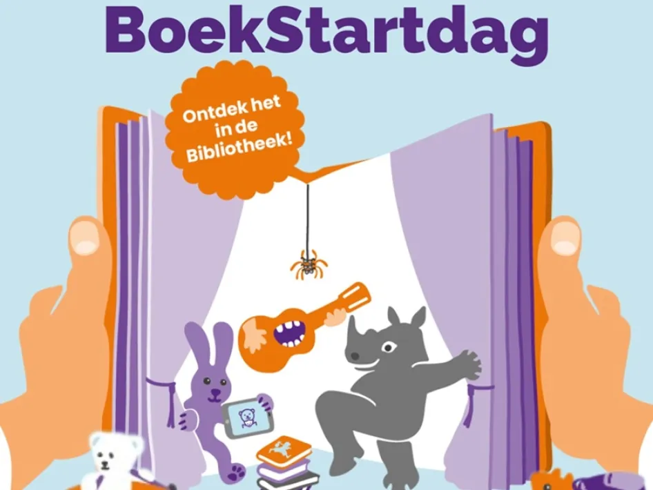 Illustratie van de BoekStartdag 2026 met een open boek, vrolijke figuren en de tekst Ontdek het in de Bibliotheek.