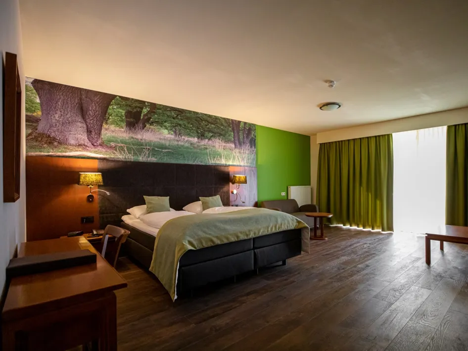 Hotel room at Boshotel Vlodrop with a double bed and green accents