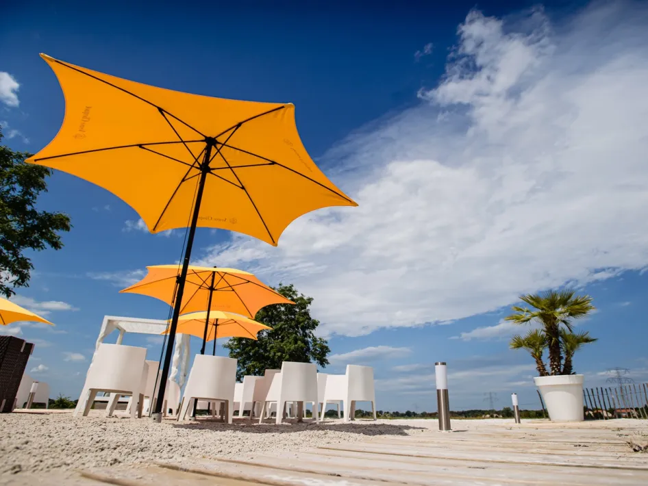 Terrasse der Brasserie Boschmolenplas mit gelben Sonnenschirmen, Palmen und Holzsteg