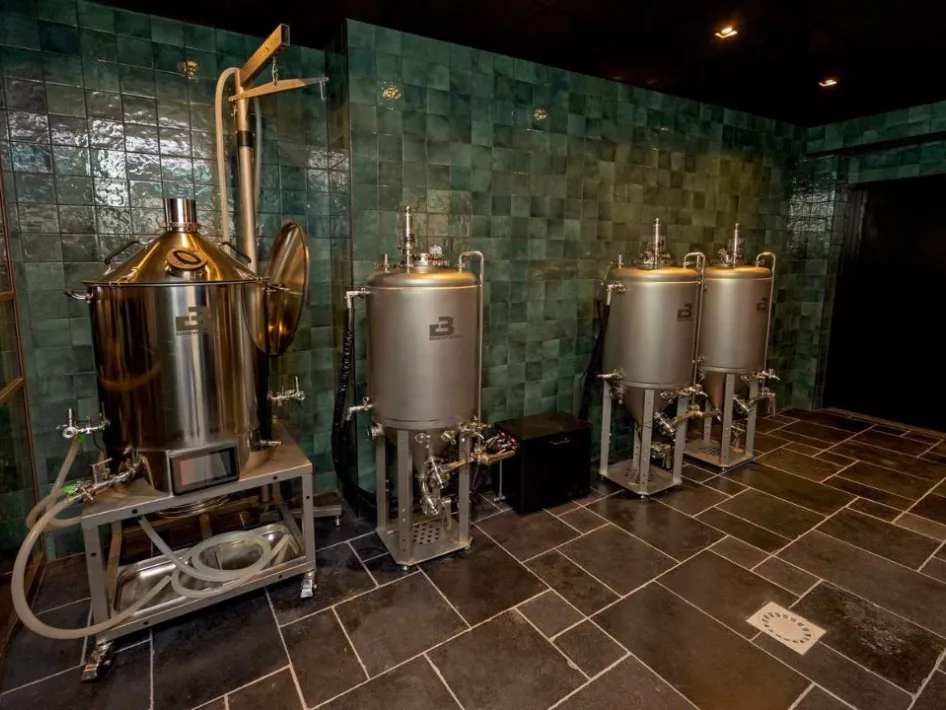  Roestvrijstalen brouwketels en vergistingstanks in de moderne brouwerij, met een betegelde muur in groene tinten.