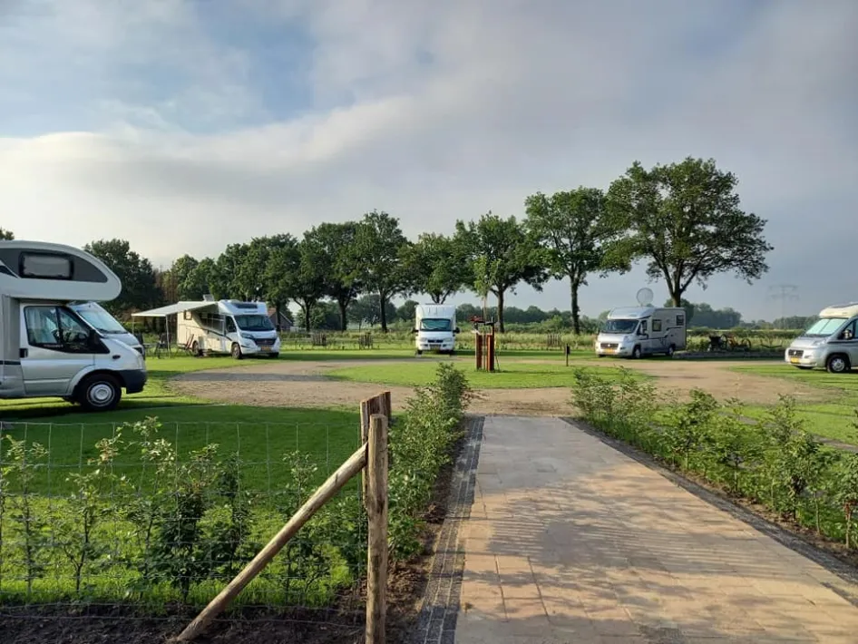 Camperplaatsen van Houbenhof met ruime plekken langs een pad, omringd door groen en bomen