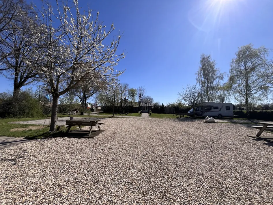 Picknicktafels op een grindplein bij de camperplaats, omringd door bomen en groen.