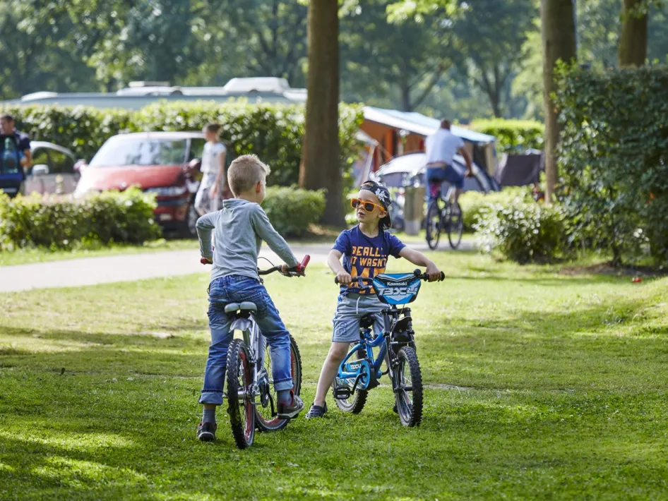 Twee jongens fietsen vrolijk over een grasveld op camping de Leistert, met tenten en kampeerders op de achtergrond.
