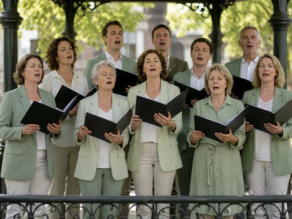 Koor Cantemus uit Tongeren zingt in een kiosk tijdens een optreden op het Munsterplein in Roermond.