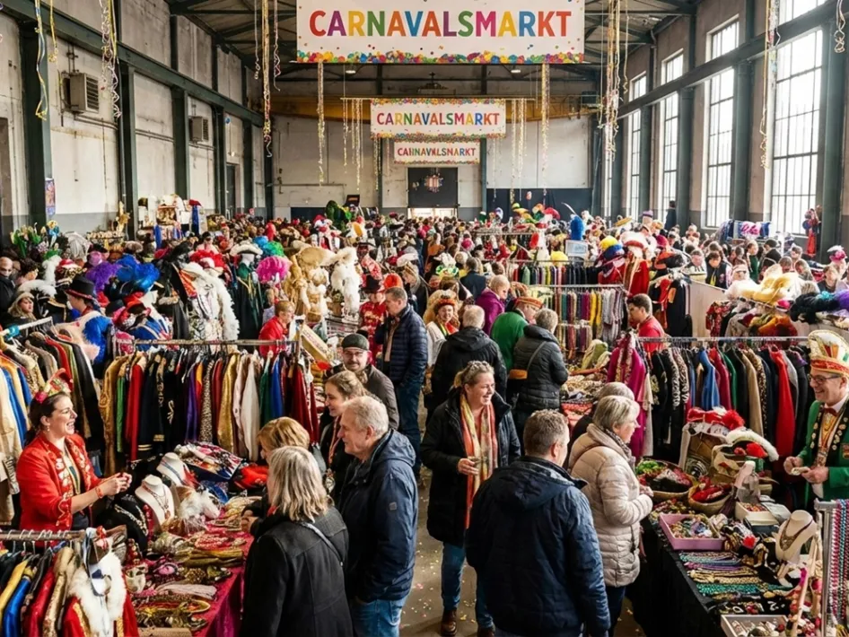 Een sfeervolle, drukke carnavalsmarkt in een grote hal met kraampjes vol kleurrijke carnavalskleding, accessoires en enthousiaste bezoekers. (AI gegenereerd)