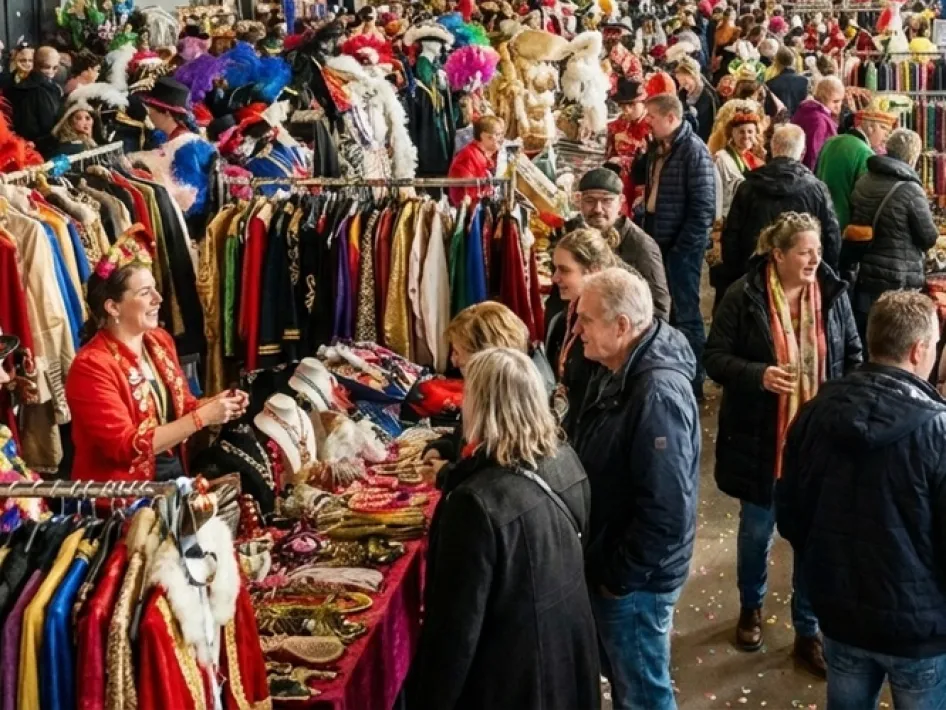 Een sfeervolle, drukke carnavalsmarkt in een grote hal met kraampjes vol kleurrijke carnavalskleding, accessoires en enthousiaste bezoekers. (AI gegenereerd)