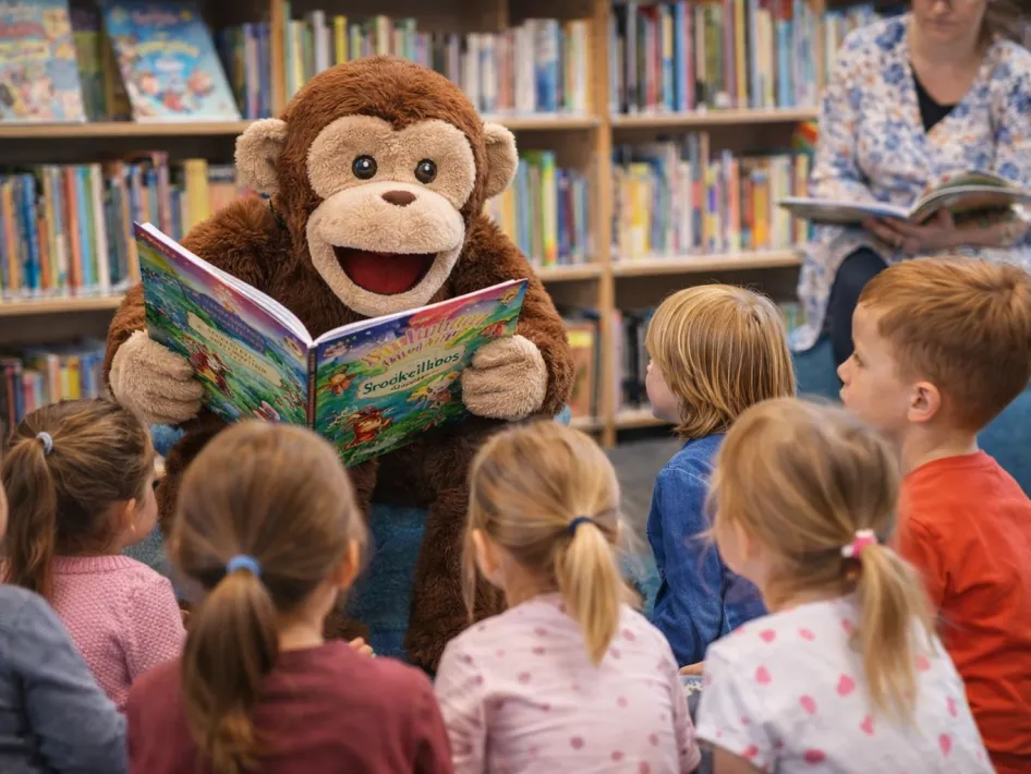 Jaap Aap leest voor aan jonge kinderen tijdens een voorleesochtend in de bibliotheek.