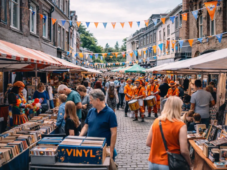 Drukke Sjoemelmert in Roermond met kraampjes, bezoekers, boeken, platen en muziek in de binnenstad.