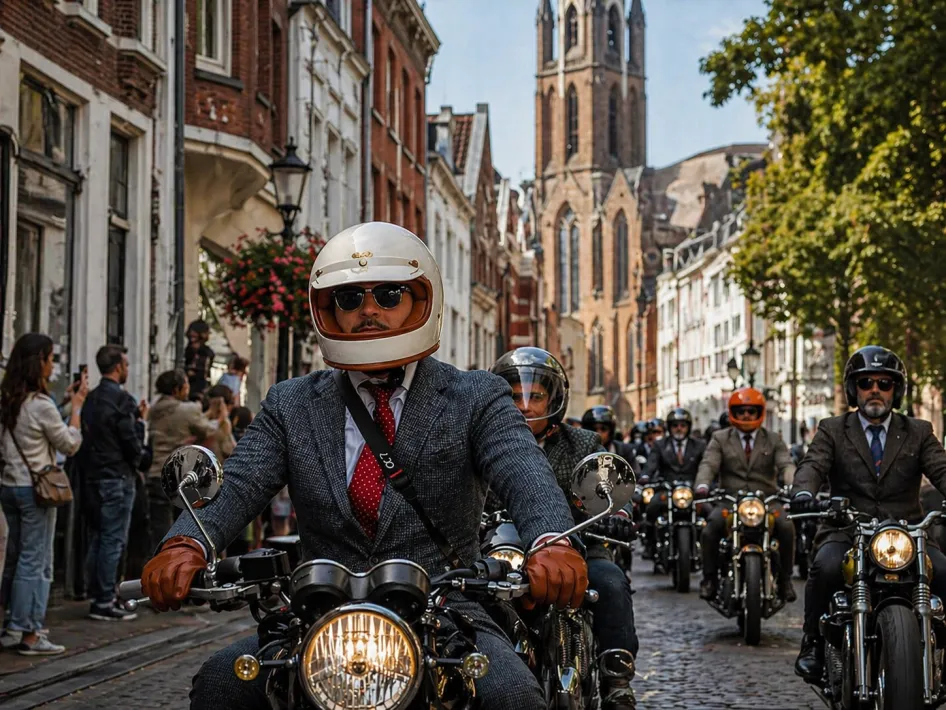 Stijlvol geklede motorrijders rijden op klassieke motoren door het centrum van Roermond tijdens The Distinguished Gentleman’s Ride, met publiek langs de straat en historische gebouwen op de achtergrond.