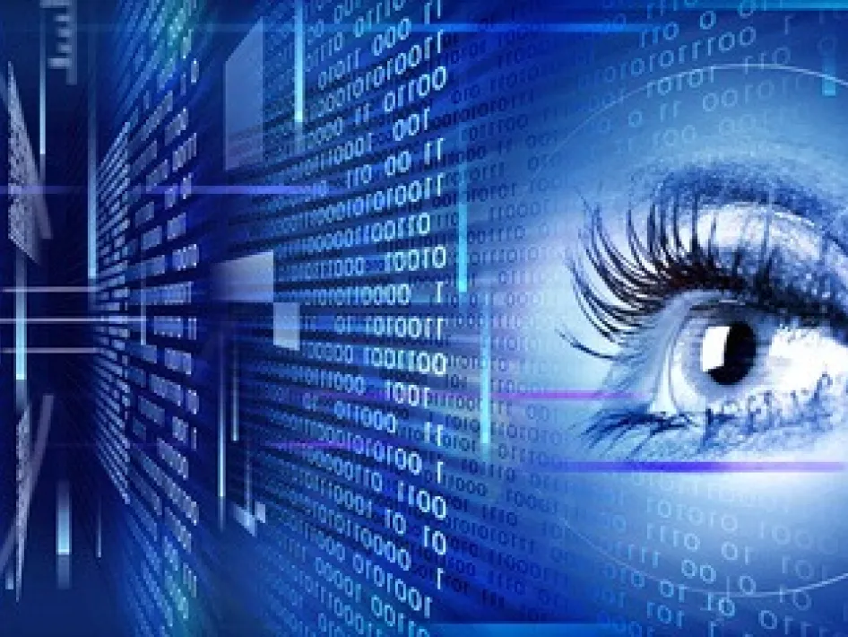 Digitale illustratie van een menselijk oog omringd door binaire code en futuristische grafische elementen, symbool voor technologie en datavisualisatie.