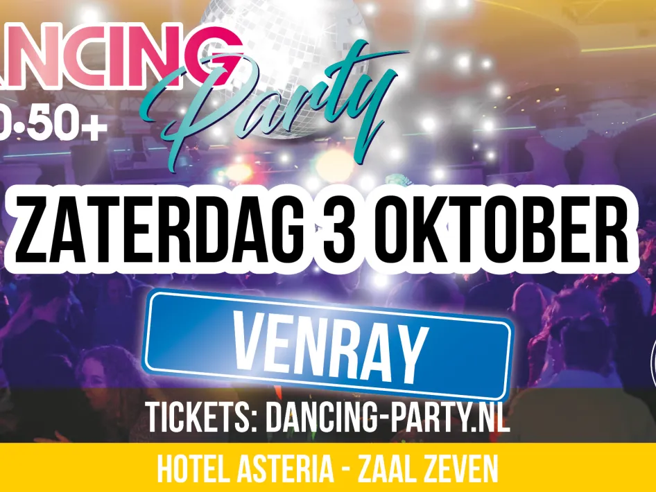 Promotieafbeelding voor de 30+ Dancing Party in Venray, met kleurrijke lichten, publieksfoto en locatie Hotel Asteria.