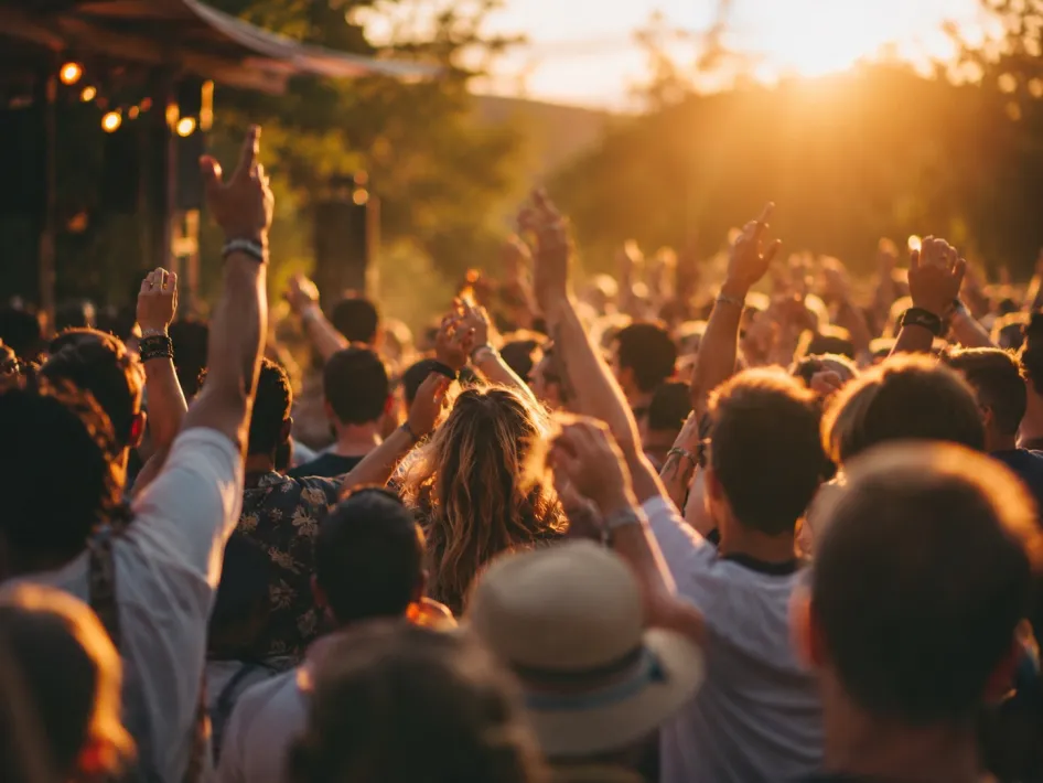 Bezoekers genieten van een optreden tijdens Dagstroom Festival 2026, met handen in de lucht op het zonnige festivalterrein bij de Weerstand in Roermond