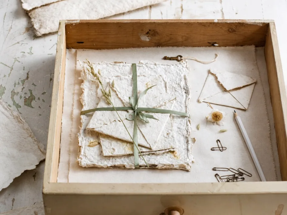Handgeschept papier met gedroogde bloemen en natuurlijke materialen in een houten bak.