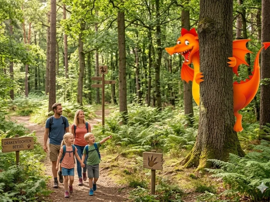 Een familie van vier (vader, moeder, zoon en dochter) wandelt vrolijk op een bospad in een dicht, groen bos en kijkt naar een grote, lachende, oranje draak die speels achter een boomstam tevoorschijn komt. Op een houten bordje op de voorgrond staat de tekst 'DRAKENTOCHTEN BEESEL'.