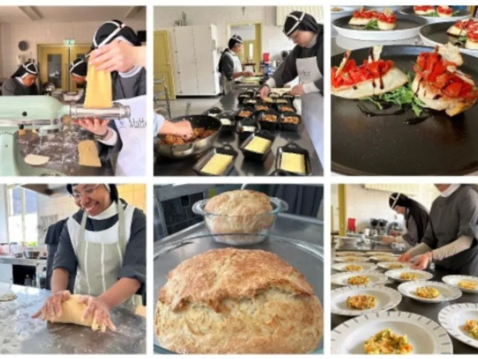 Collage van zes foto's waarop zusters Birgittinessen in de kloosterkeuken bezig zijn met het bereiden van gerechten, waaronder het rollen van pasta, vullen van ovenschalen, kneden van deeg, serveren van borden en het bakken van vers brood. De sfeer is ambachtelijk en hartelijk.
