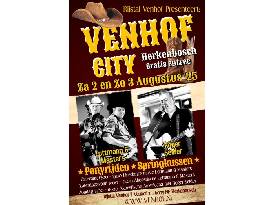 Promotieposter voor Venhof City in Herkenbosch op 2 en 3 augustus 2025, met live muziek van Lottmann & Masters en Roger Selder, plus activiteiten zoals ponyrijden en een springkussen. Gratis entree.
