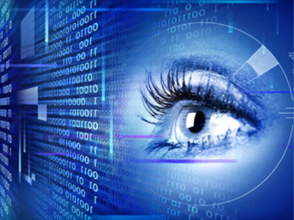 Digitale illustratie van een menselijk oog met binaire code en futuristische grafische elementen, symbool voor technologie, data en digitale observatie.