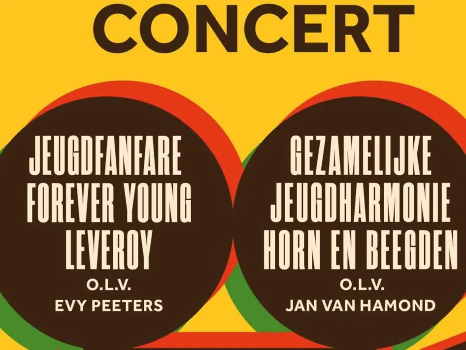Poster van “At the Movies Concert” met filmmuziek, uitgevoerd door jeugdfanfare Forever Young uit Leveroy en de gezamenlijke jeugdharmonie uit Horn en Beegden, met datum 11 april 2026 om 19.30 uur in gemeenschapshuis ’t Leuke in Beegden.