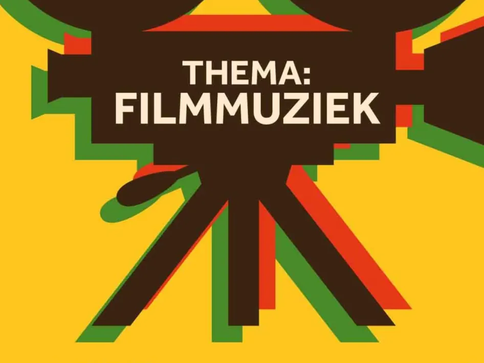 Illustratie van een concert met de tekst ‘Thema: filmmuziek’, waarbij een gestileerde filmcamera centraal staat in warme kleuren zoals geel, rood en groen.