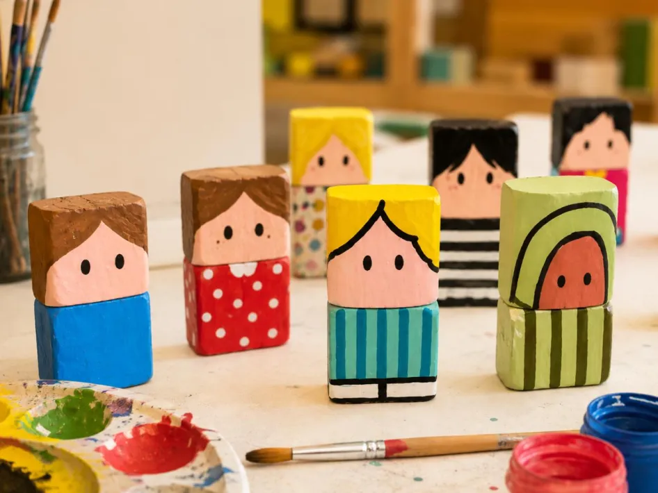 Blokpoppetjes schilderen: kleurrijke handgeschilderde houten blokpoppetjes staan tussen verfpotjes, penselen en een verfpalet klaar om beschilderd te worden tijdens de creatieve activiteit.