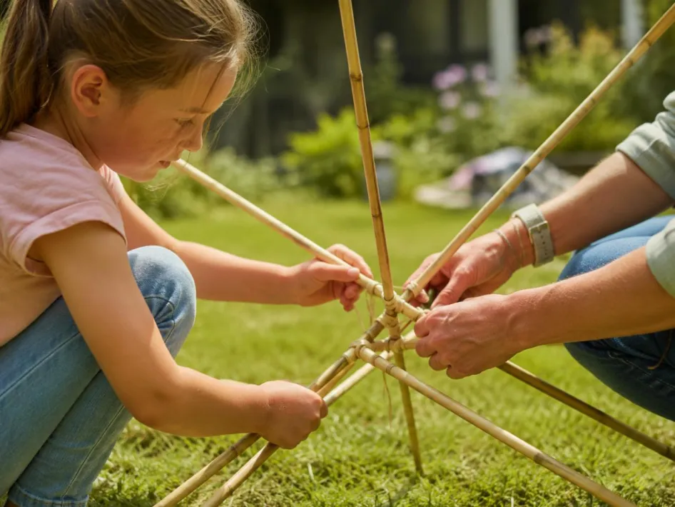 Kind en ouder zijn samen bouwen met bamboe en maken met bamboestokken en elastieken een constructie tijdens een creatieve activiteit in de tuin van het Cuypershuis.