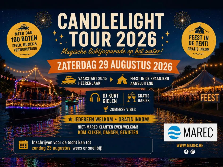 Poster van Candlelight Tour 2026 met verlichte boten op de Maas en feestelijke sfeer aan jachthaven De Spaanjerd.