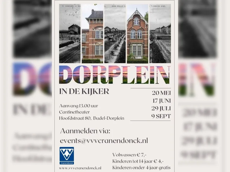 Affiche van evenement Dorplein in de kijker met data, aanvangstijd, locatie en aanmeldinformatie voor rondleidingen door Dorplein.