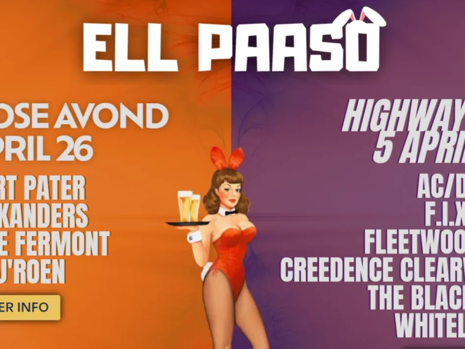 Promobeeld van Ell Paaso 2026 met links de Hollandse Avond op 4 april en artiesten Robert Pater, Mike Kanders, Maurice Fermont en DJ J’roen, rechts Highway to Ell op 5 april met tributebands van onder meer AC/DC en Fleetwood Mac, tegen een oranje-paarse achtergrond met serveersterillustratie in het midden.