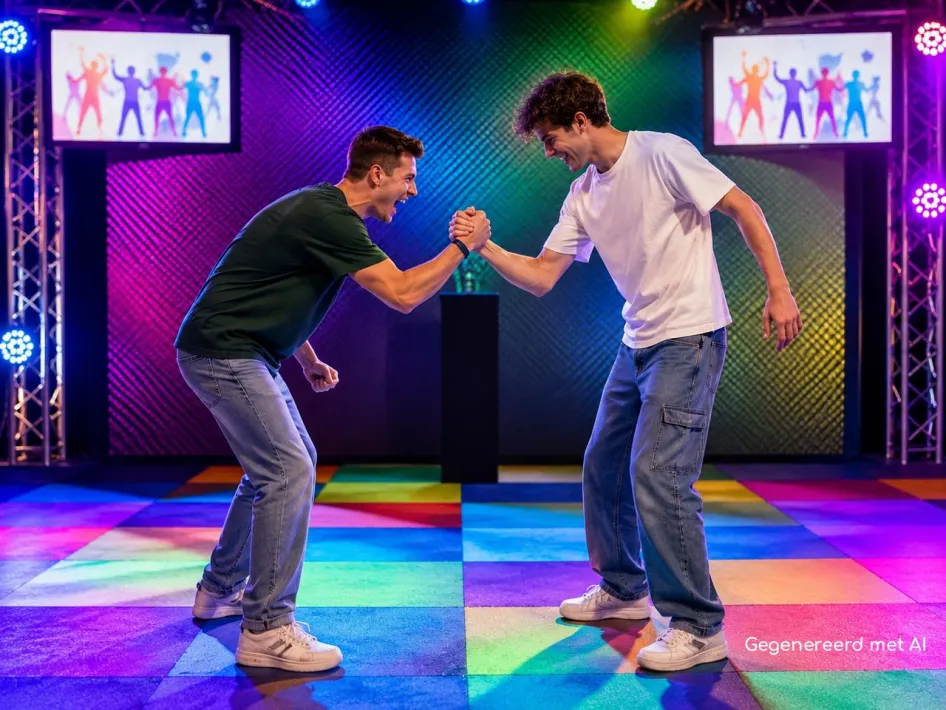Dansende mannen tijdens GameSquare Roermond op een kleurrijke dansvloer.